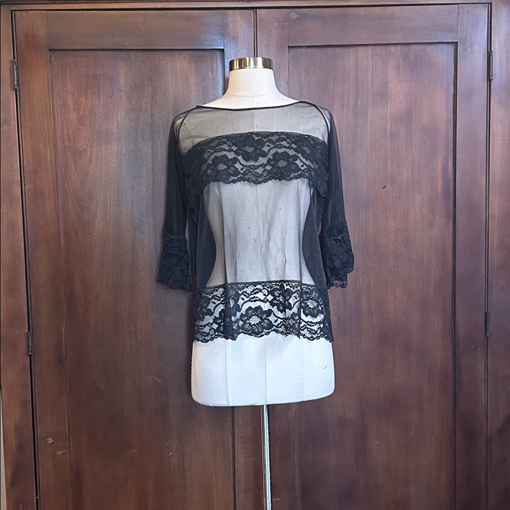 60’s Black Sheer Lace Middy Top Lingerie M
